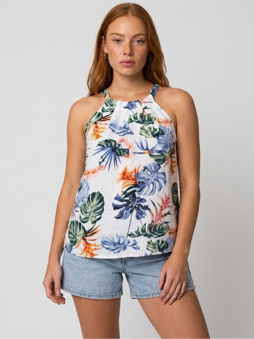 Tommy Bahama Linen Woven Tropical Floral Halter Tie Tank Top (Size: S/P)